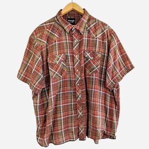 Vintage 90s Wrangler Western Pearl Snap Shirt Brown Rust‎ Plaid Short Sleeve XXL